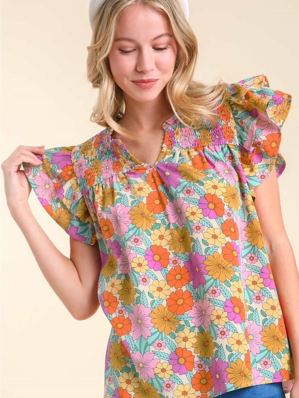 UMGEE Floral Smocked Yoke Flutter Sleeve Top - Multi